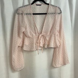 Shein sheer pink long sleeve wrap shirt